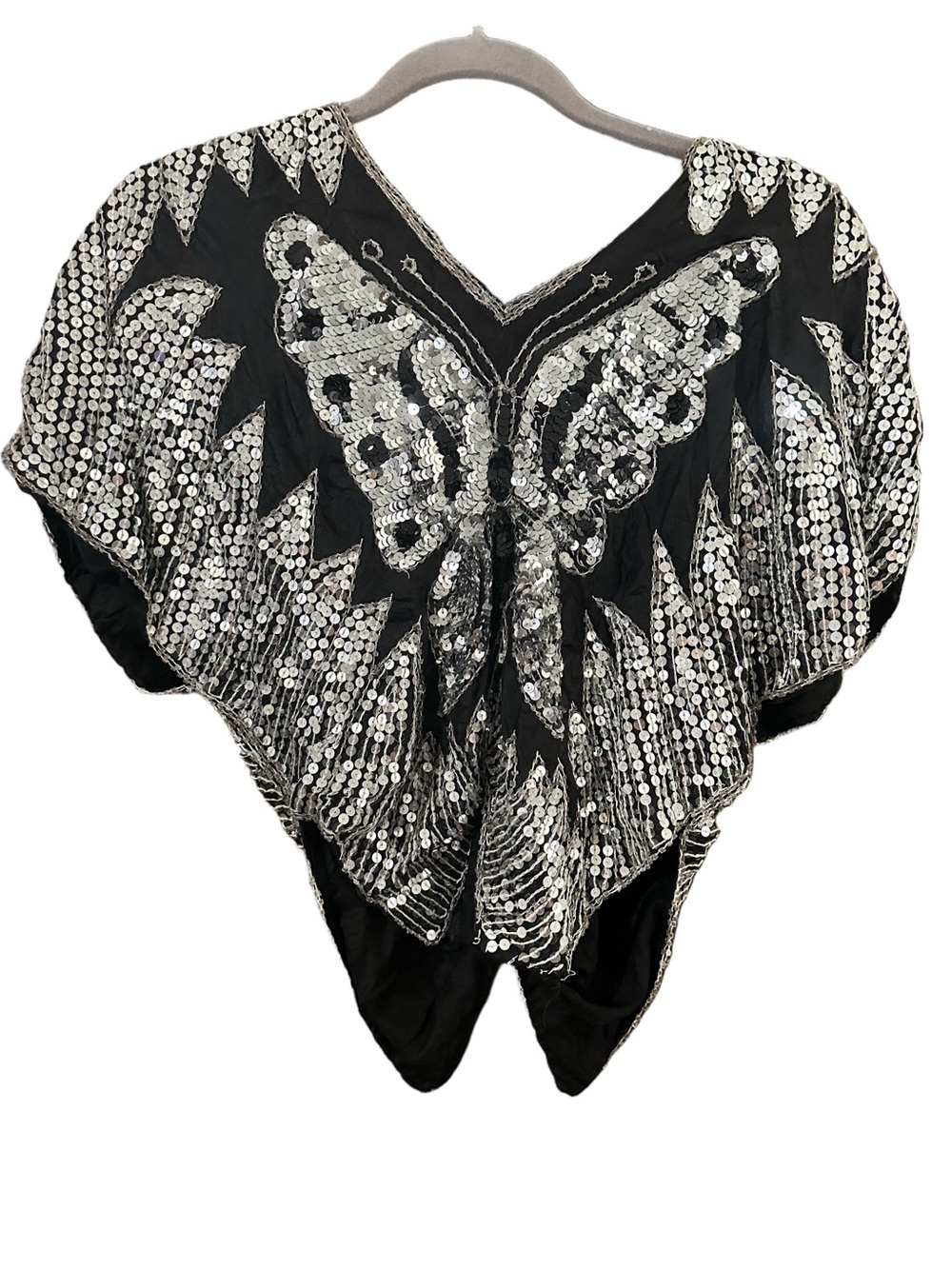 Vintage Butterfly Top Black Silver Silk Embellished Dolman Size Small - Medium